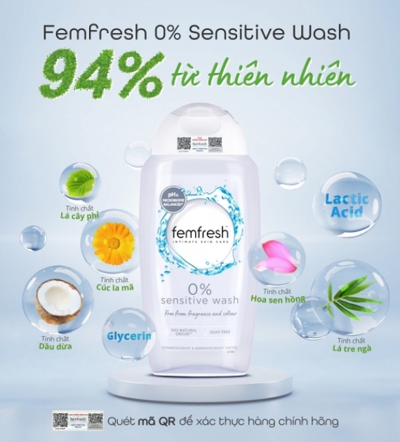 DUNG DỊCH VỆ SINH PHỤ NỮ CAO CẤP CHO LÀN DA NHẠY CẢM FEMFRESH 0% SENSITIVE WASH 250ML