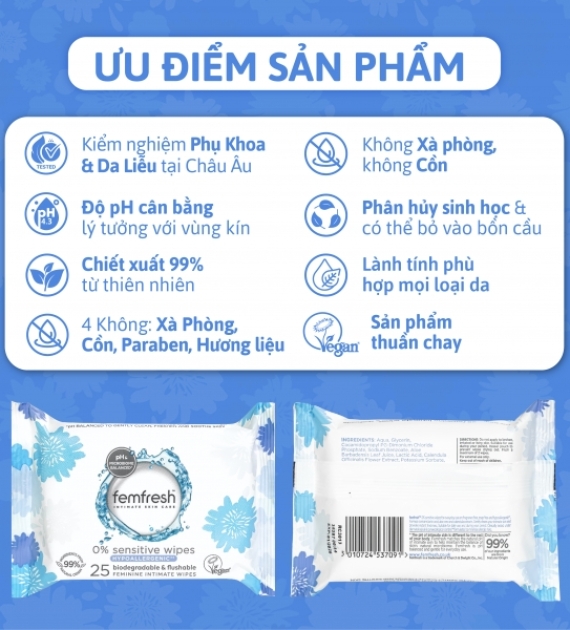 KHĂN ƯỚT VỆ SINH PHỤ NỮ (FEMFRESH INTIMATE SKIN CARE 0% SENSITIVE WIPES 25 WIPES) 