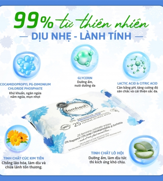 KHĂN ƯỚT VỆ SINH PHỤ NỮ (FEMFRESH INTIMATE SKIN CARE 0% SENSITIVE WIPES 25 WIPES) 