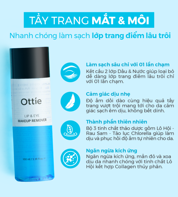 Tẩy trang dành cho Mắt & Môi Ottie Lip & Eye Makeup Remover 100ml