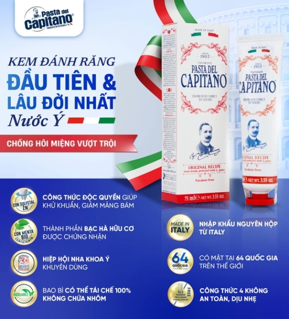 Kem đánh răng  Pasta Del Capitano 1905 hương quế chống hôi miệng Capitano Original Recipe