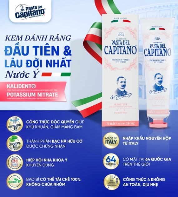 Kem đánh răng  Pasta Del Capitano 1905 cho ê buốt cho răng nhạy cảm Capitano Sensitive