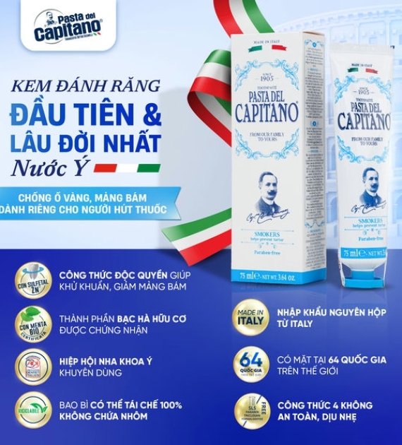 Kem đánh răng Capitano dành cho người hút thuốc Pasta del Capitano 1905 Smokers 