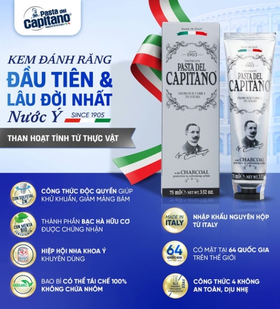Kem đánh răng  Pasta Del Capitano 1905 than hoạt tính Capitano Charcoal