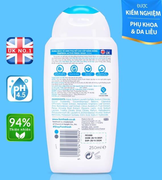 DUNG DỊCH VỆ SINH PHỤ NỮ  CAO CẤP NĂNG ĐỘNG FEMFRESH ACTIVE WASH 250ML