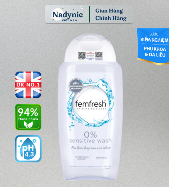 DUNG DỊCH VỆ SINH PHỤ NỮ CAO CẤP CHO LÀN DA NHẠY CẢM FEMFRESH 0% SENSITIVE WASH 250ML