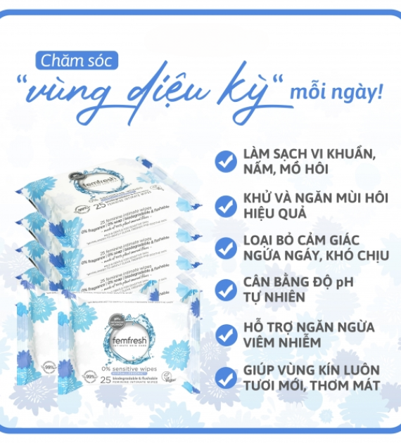 KHĂN ƯỚT VỆ SINH PHỤ NỮ (FEMFRESH INTIMATE SKIN CARE 0% SENSITIVE WIPES 25 WIPES) 